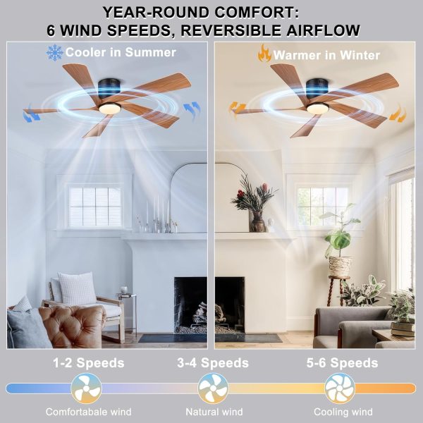 52 Flush Mount Farmhouse Ceiling Fan with Lights, Remote & APP Control Low Profile Indoor Outdoor Ceiling Fans, Dimmable, Quiet DC Motor, Reversible, Black+Wood Color