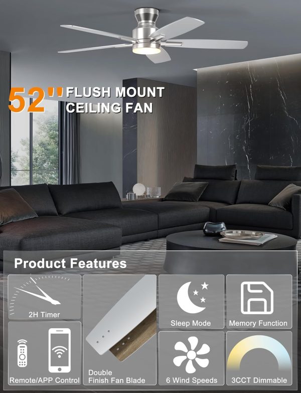 Ceiling Fans with Lights, Low Profile Ceiling Fan with Light and Remote/APP Control, Modern Flush Mount Ceiling Fan for Indoor Bedroom Living Room, Dimmable, Qiuet DC Motor, Silver