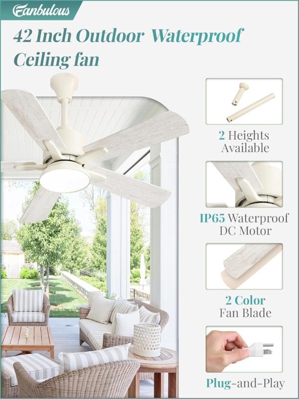 Outdoor Ceiling Fans with Light for Patios, IP65 Waterproof Gazebo Fan, Plug in Ceiling Fan with Remote, 3CCT 6-Speed White Ceiling Fan with Hanging Hook for Porch, Pergola,Canopy