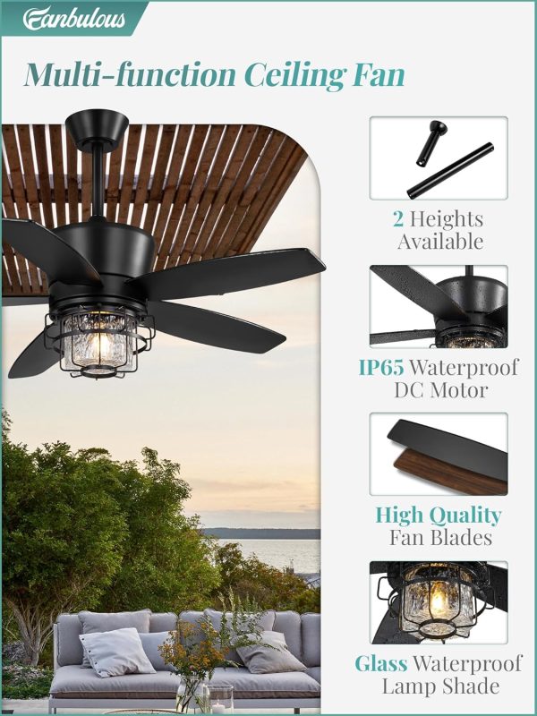 Outdoor Ceiling Fans with Lights and Remote Control,IP65 Wet Rated Waterproof Ceiling Fan with 6-Speed DC Motor, Farmhouse Gazebo Fan for Porch Patios PavilionBlack
