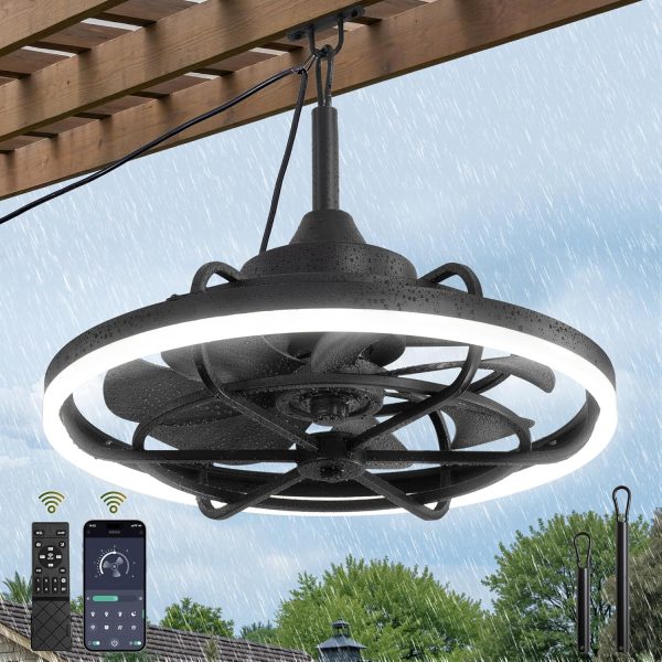 Outdoor Ceiling Fans with Light for Patios, 24" Weatherproof Plug in Ceiling Fan, Gazebo Fan Remote&APP Control, 3CCT Dimmable,Caged Ceiling Fan with Hanging Hook for Porch, Pergola,Canopy