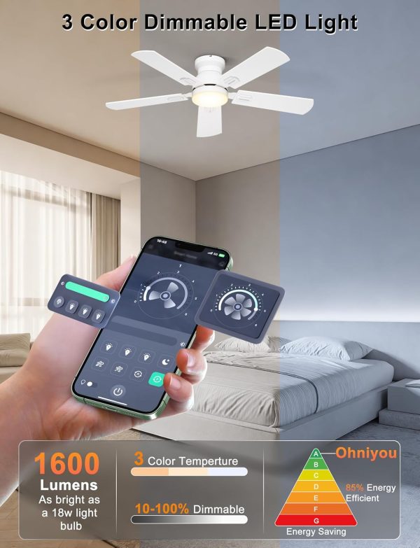 Ceiling Fans with Lights, 42 Inch Low Profile Ceiling Fan with Light and Remote/APP Control, Flush Mount, Dimmable, Qiuet DC Motor, White Small Indoor Ceiling Fan for Bedroom, Kitchen