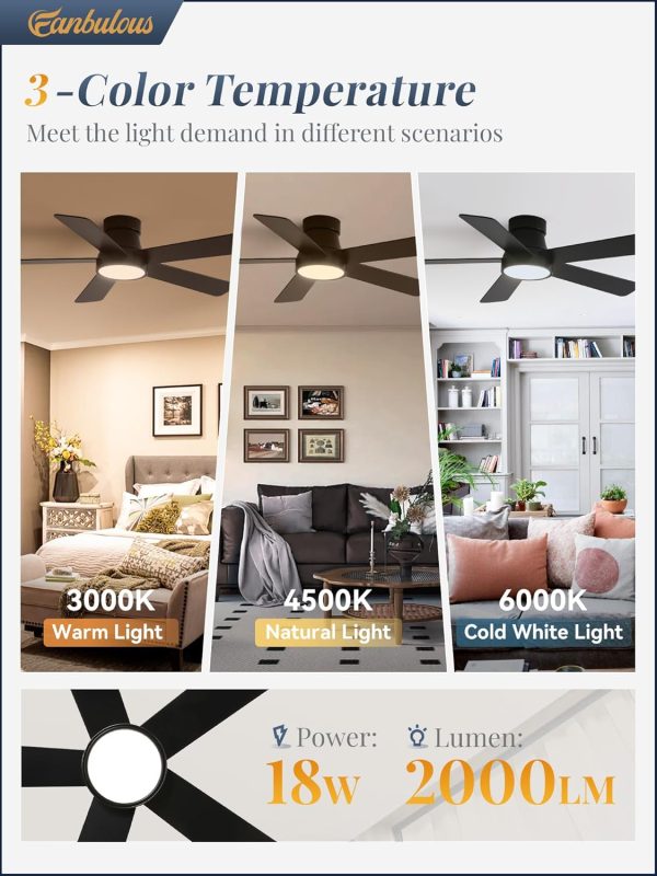 48 Inch Ceiling Fans with Lights and Remote,Outdoor Indoor Modern Flush Mount Ceiling Fan with 3CCT 6-Speed Quiet DC Motor,Black Small Low Profile Ceiling Fan for Bedroom Living Room Office(Black)