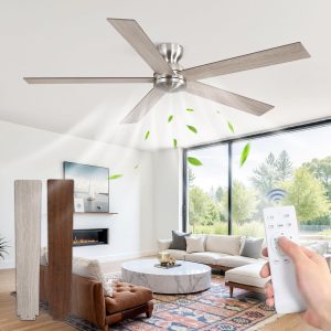 60 Inch low profile ceiling fan, Brushed Nickel Large Ceiling Fan no Lights, 6-Speeds, Quiet Reversible DC Motor, Indoor/Outdoor Ceiling Fans no light for Patios, Living Room, Bedroom