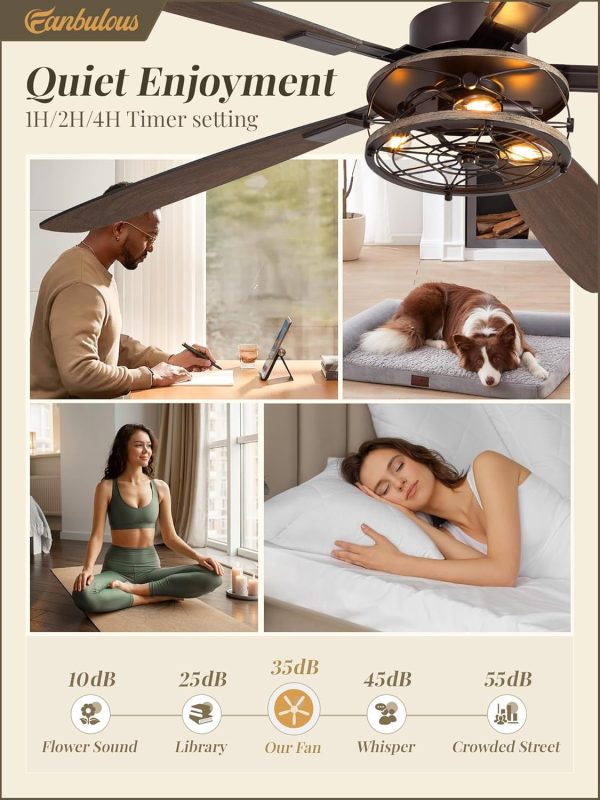 60 Inch Farmhouse Ceiling Fan with Light and Remote, Oil Bronze Industrial Flush Mount Ceiling Fans with 6 Speed Reversible Motor and Dual Finish 5 Blades, Rustic Ceiling Fan for Living room, Bedroom