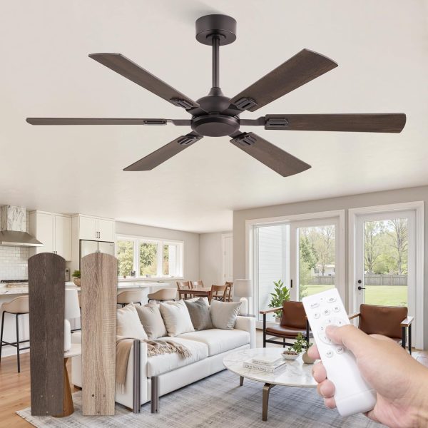 52 Inch Ceiling Fans No Light with Remote, Modern Ceiling Fan Without Light, Dual Finish 6 Blades, Reversible DC Motor, 6 Speed, Large Ceiling Fan for Indoor or Covered Outdoor, Oil Bronze