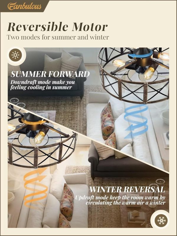 20 Inch Fandelier Caged Ceiling Fans with Lights and Remote, Black Farmhouse Ceiling Fan, Bladeless Samll Fan Lights Ceiling Fixtures for Kitchen, Bedroom-Black and Gold