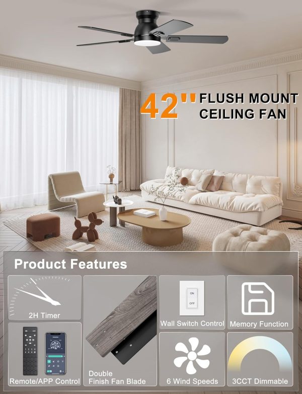 Ceiling Fans with Lights, 42 Inch Low Profile Ceiling Fan with Light and Remote/APP Control, Flush Mount, Dimmable, Qiuet DC Motor, Black Small Indoor Ceiling Fan for Bedroom, Kitchen