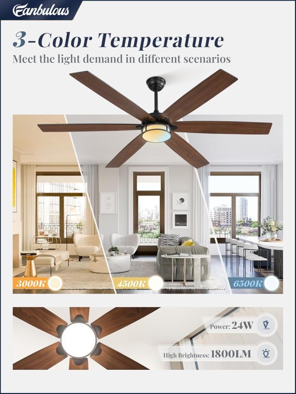 72 Inch and 65 Inch Ceiling Fans with Lights, Large Ceiling Fans with Remote, Black&Brown Modern Ceiling Fan with LED Light, Quiet DC Motor for Living Room, Bedroom, Kitchen, Indoor