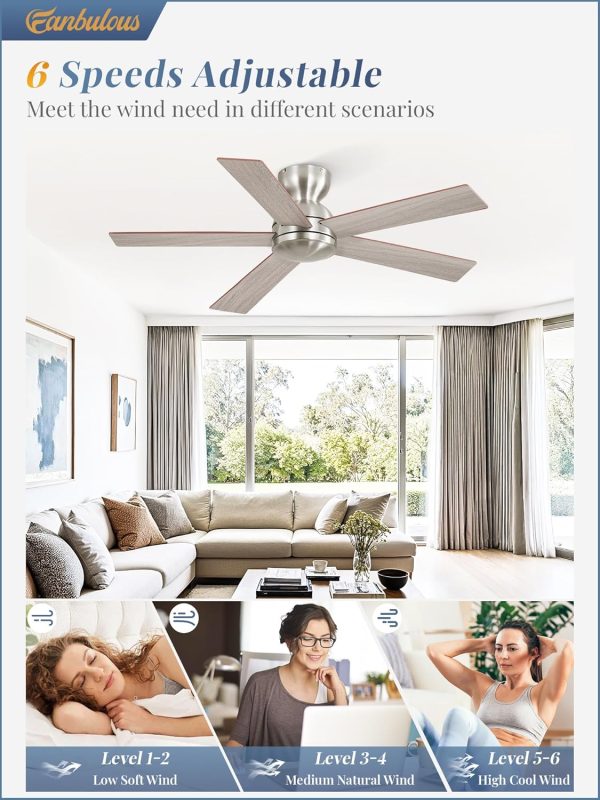 42 Inch Flush Mount Ceiling Fans no Light, Brushed Nickel Modern Ceiling Fans, 6-Speeds, Quiet Reversible DC Motor, Outdoor/Indoor Ceiling Fan for Patios, Living Room, Bedroom
