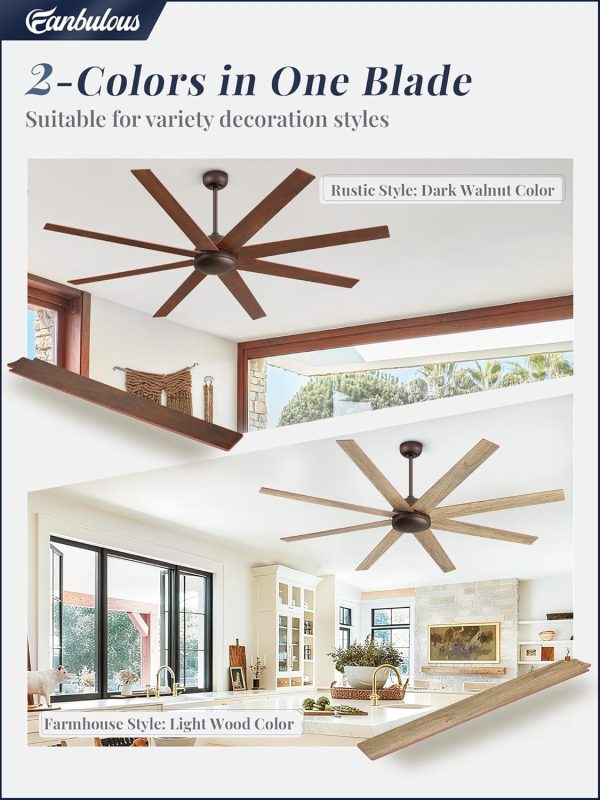 72 Inch Ceiling Fans No Light with Remote, Walnut Indoor/Outdoor Ceiling Fan Without Light with Quiet Reversible DC Motor, 6 Speeds, 8 Blades Large Ceiling Fan for Living Room Bedroom Patio