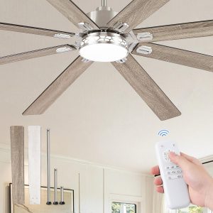 Modern Farmhouse 84 Inch Large Ceiling Fan, 6-Speed Reversible DC Industrial Ceiling Fans with Lights for Shop/Living Room/Covered Outdoor-Nickel