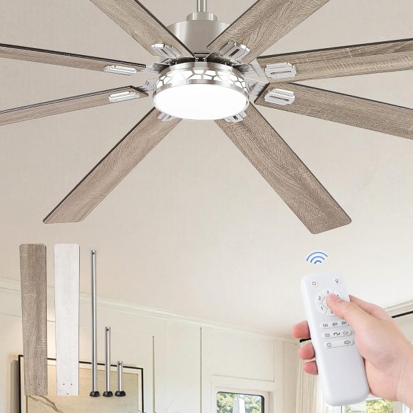 Modern Farmhouse 84 Inch Large Ceiling Fan, 6-Speed Reversible DC Industrial Ceiling Fans with Lights for Shop/Living Room/Covered Outdoor-Nickel