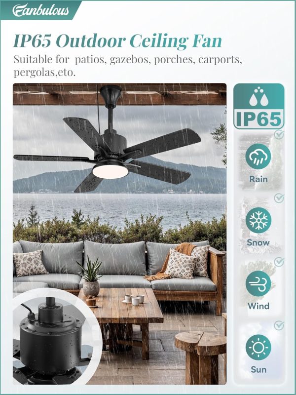 Outdoor Ceiling Fans with Light for Patios, IP65 Waterproof Gazebo Fan, Plug in Ceiling Fan with Remote, 3CCT 6-Speed Black Ceiling Fan with Hanging Hook for Porch, Pergola,Canopy