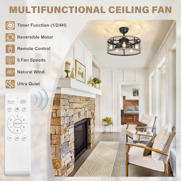 Caged Rustic Farmhouse Ceiling Fan with Lights Remote Control, Reversible Motor, 6 Speeds Ceiling Fan Light Fixture for Dining Room Bedroom