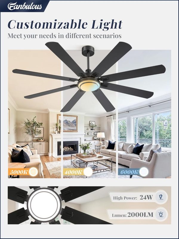 72 Inch Ceiling Fans with Lights and Remote, Black Ceiling Fan with 8 Dual-Color Blades, Indoor/Outdoor Large Ceiling Fans, Reversible DC Motor, 6-Speed, 3CCT for Living Room Kitchen Patio