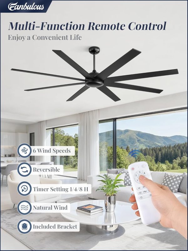 80 Inch Ceiling Fan No Light with Remote. Large Industrial Ceiling Fans, 6-Speeds, Quiet Reversible DC Motor, 8 Blades, Indoor/Outdoor Ceiling Fan for Living Room, Garage, Patio