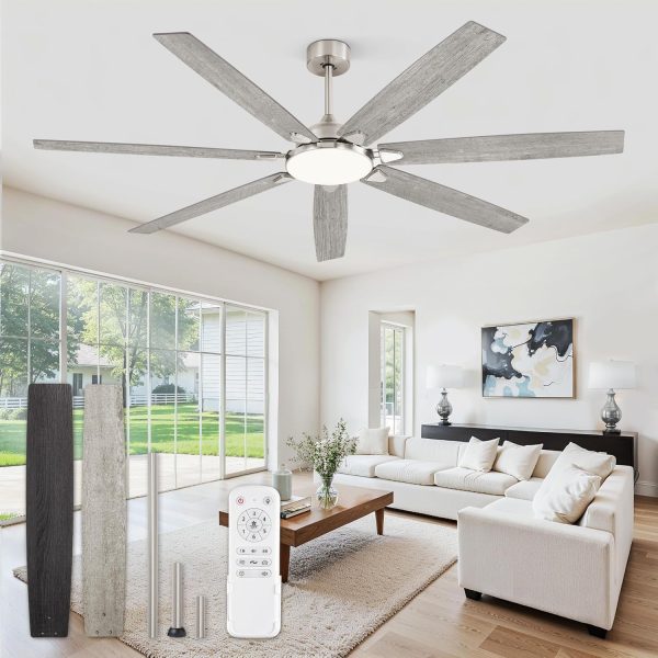 72 Inch Large Ceiling Fans with Lights, Nickel Modern Ceiling Fan with Quiet DC Motor, 3CCT, Indoor/Outdoor Ceiling Fan with Dual Finish Reversible 7 Blades, Timer for Living Room, Patio