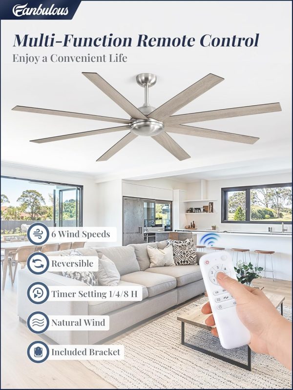 72 Inch large Ceiling Fans without Lights, Brushed Nickel Modern Ceiling Fan, 6-Speeds, Quiet Reversible DC Motor, Indoor/Outdoor Ceiling Fan with Remote for Patio, Living Room, Bedroom