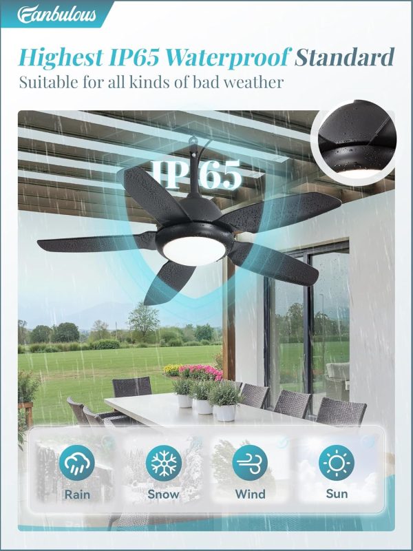 42 Inch Waterproof Outdoor Ceiling Fan with Lights and Remote,IP65 Hanging Gazebo Fan with 3CCT 6-Speed DC Motor,Black Wet Rated Plug in Ceiling Fan with Cord for Patios Porch Pergola