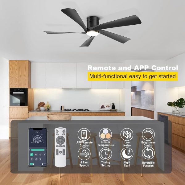 52 Low Profile Ceiling Fan with Lights, Remote & APP Control Modern Flush Mount Indoor Outdoor Ceiling Fans, Dimmable, Silent DC Motor, Reversible, Black