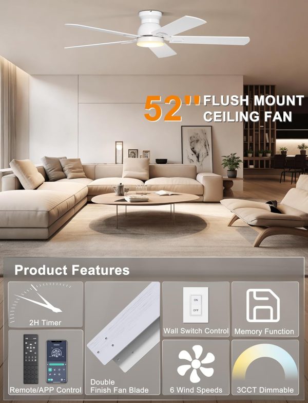 Ceiling Fans with Lights, 52 Inch Low Profile Ceiling Fan with Light and Remote/APP Control, Flush Mount, Dimmable, Qiuet DC Motor, White Ceiling Fan for Bedroom, Living Room