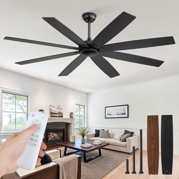 65 inch Indoor/Outdoor Ceiling Fan No LightQuiet DC Motor Fan Reversible 6-Speeds, 8 Blades Ceiling Fans with remote for Bedroom Low Profile Ceiling Fan for Living Room for Patio(Black)