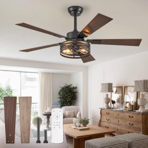 814WneRhlgL._AC_SL1500_.jpg Farmhouse Caged Ceiling Fans with Lights and Remote, 48 Inch Black Bedroom Ceiling Fans for Living Room Kitchen6 Speed Reversible Quiet DC Motor, Dual Finish 5 Blades