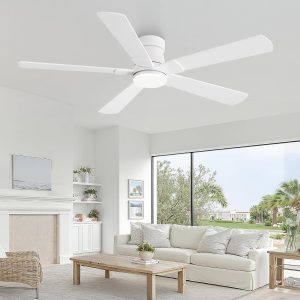 Ceiling Fans with Lights and Remote, 52 inch Low Profile Flush Mount Ceiling Fan,White Modern Ceiling Fan with LED Light for Bedroom Indoor Outdoor-5 Reversible blades, 3CCT, 6 Speeds, Timer
