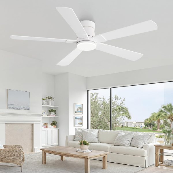 Ceiling Fans with Lights and Remote, 52 inch Low Profile Flush Mount Ceiling Fan,White Modern Ceiling Fan with LED Light for Bedroom Indoor Outdoor-5 Reversible blades, 3CCT, 6 Speeds, Timer