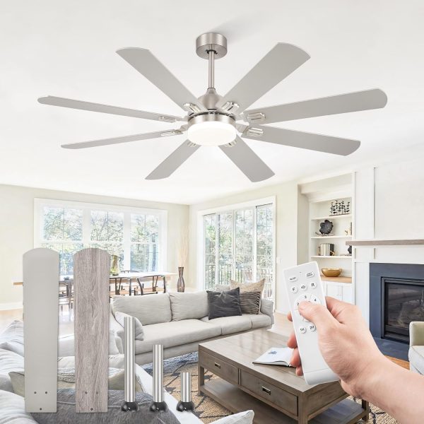 62 Inch Ceiling Fans with Lights,Nickel Modern Ceiling Fan with Remote Large Farmhouse Indoor & Outdoor Ceiling Fan with 8 Dual Finish Blades, Quiet DC Motor, Bright LED Light