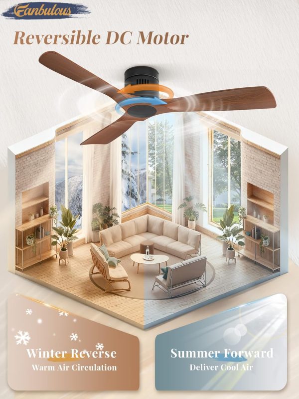 Ceiling Fans Without Lights, Flush Mount Ceiling Fan with Remote Control Modern,Low Profile Ceiling Fans with 6-Speeds Reversible DC Motor for Patio Living Room Bedroom(Walnut)