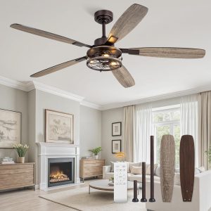 60 Inch Farmhouse Ceiling Fan with Light and Remote, Oil Bronze Industrial Flush Mount Ceiling Fans with 6 Speed Reversible Motor and Dual Finish 5 Blades, Rustic Ceiling Fan for Living room, Bedroom