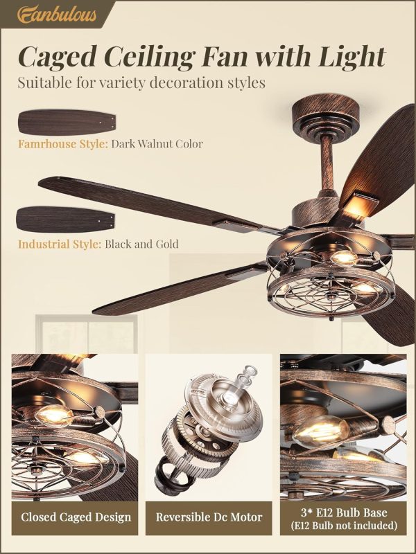 52 Inch Farmhouse Ceiling Fan with Light and Remote, Black and Gold Industrial Caged Ceiling Fans with 6 Speed Reversible Motor and Dual Finish 5 Blades, Rustic Ceiling Fan for Living Room, Bedroom
