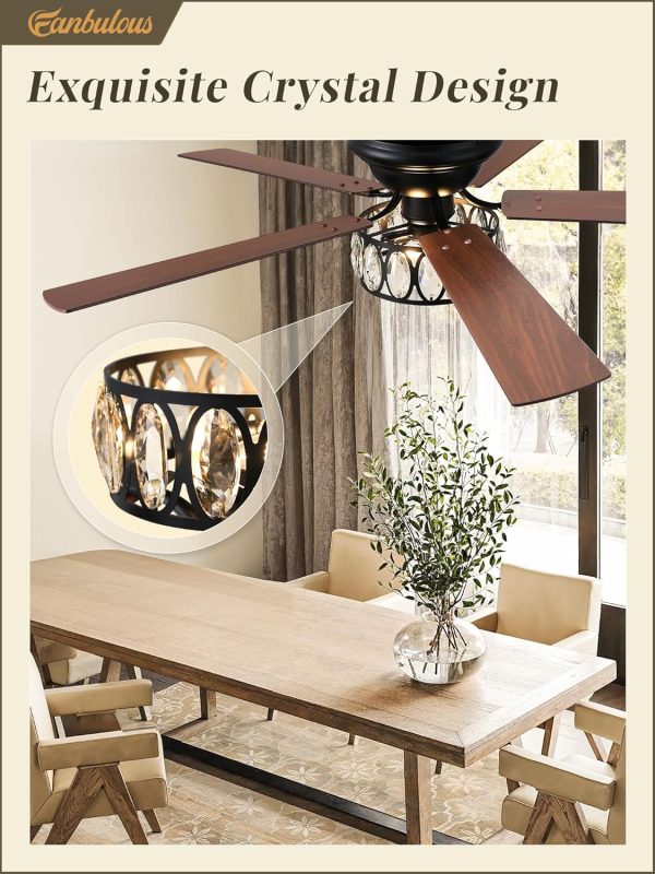 56 Inch Chandelier Ceiling Fans with Lights and Remote, Flush Mount Crystal Ceiling Fan with 6-Speeds, Quiet Reversible DC Motor, Farmhouse Ceiling Fan for Bedroom, Living Room, Dining Room