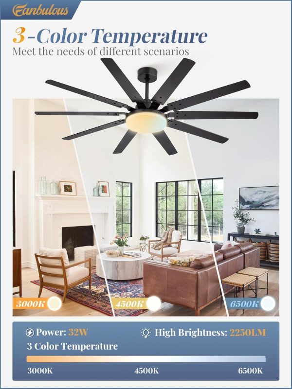 65 inch Large Ceiling Fans with Lights and Remote, Outdoor Black Ceiling Fan with 10 Blades, 32W LED Light 3 CCT, 6 Speed Reversible Quiet DC Motor, Modern Ceiling Fan for Living Room Patio