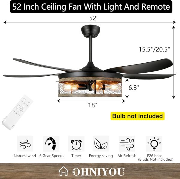 Farmhouse Ceiling Fan with Lights and Remote,52 inch Rustic Ceiling Fan with Caged Light Fixture, Retro Black Outdoor Ceiling Fans for Patio,Living Room,Dining Room,Bedroom