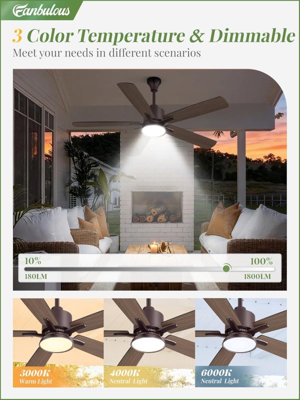 Outdoor Ceiling Fans with Light for Patios, IP65 Waterproof Gazebo Fan, Plug in Ceiling Fan with Remote, 3CCT 6-Speed Oil-Bronze Ceiling Fan with Hanging Hook for Porch, Pergola,Canopy