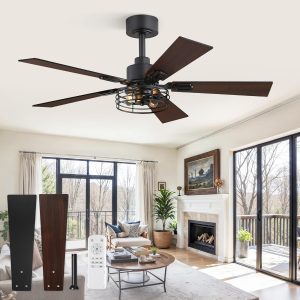 1 Pack Farmhouse 42 Inch Ceiling Fans with Lights, Black Industrial Caged Ceiling Fans for Bedroom Living Room, Double-Sided 5 Blades Rustic Ceiling Fan