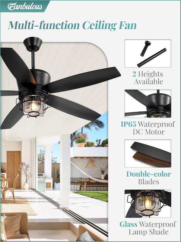 Outdoor Ceiling Fans with Lights and Remote Control,IP65 Wet Rated Waterproof Ceiling Fan with 6-Speed DC Motor, Farmhouse Gazebo Fan for Porch Patios PavilionBlack