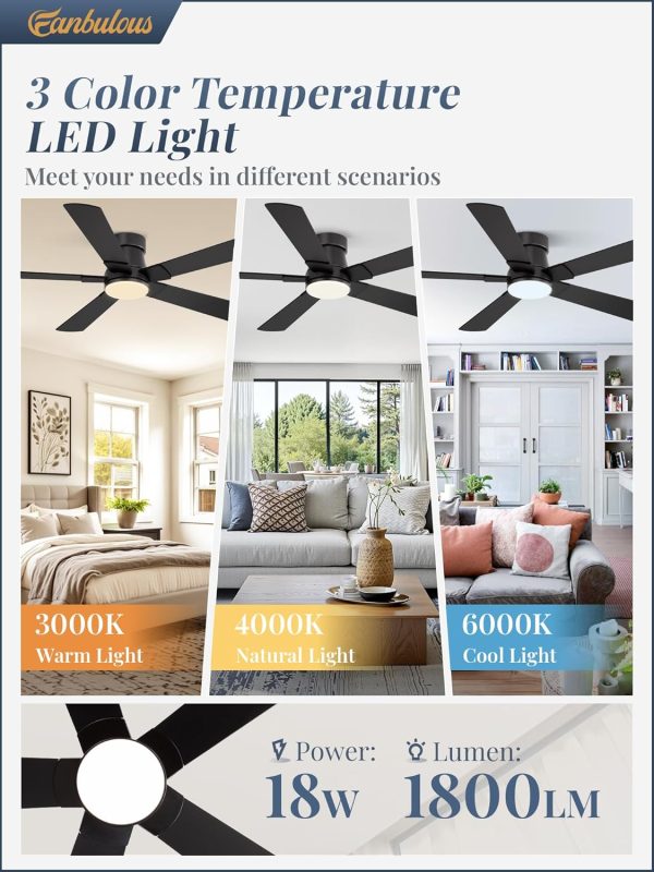 Ceiling Fans with Lights and Remote, 52 inch Low Profile Flush Mount Ceiling Fan,Black Modern Ceiling Fan with LED Light for Bedroom Indoor Outdoor-5 Reversible blades, 3CCT, 6 Speeds, Timer
