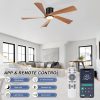 52 Flush Mount Farmhouse Ceiling Fan with Lights, Remote & APP Control Low Profile Indoor Outdoor Ceiling Fans, Dimmable, Quiet DC Motor, Reversible, Black+Wood Color