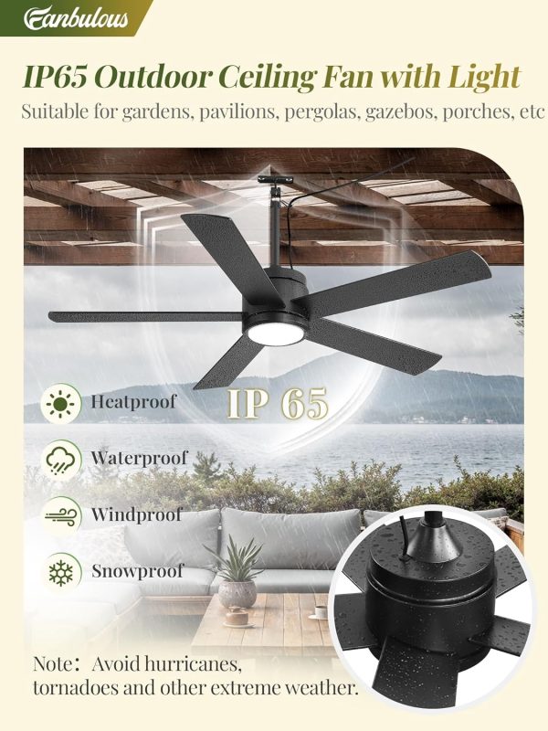 52 In Outdoor Ceiling Fan Hanging Fan Outdoor Ceiling Fans, Waterproof, with Light, Remote, 52 In, Wet Rated, IP65, 6 Speed, 3CCT, Plug in, for Patios, Porch, Gazebo, Black