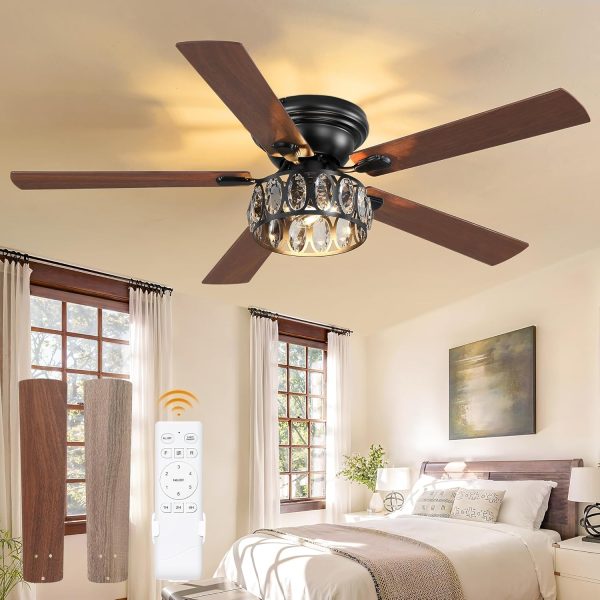 56 Inch Chandelier Ceiling Fans with Lights and Remote, Flush Mount Crystal Ceiling Fan with 6-Speeds, Quiet Reversible DC Motor, Farmhouse Ceiling Fan for Bedroom, Living Room, Dining Room