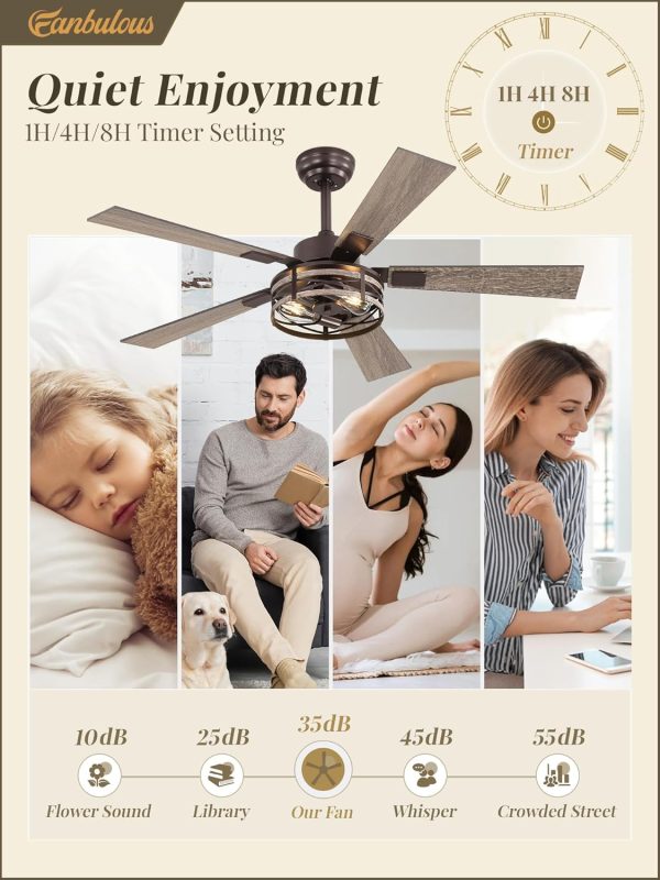 Farmhouse Ceiling Fans with Light, 48 Inch Bedroom Ceiling Fan with Lights, 6-Speed Adjustable, Quiet and Reversible DC Motor, 5 Dual Finish Blades, Rustic Caged Ceiling FanOil Bronze