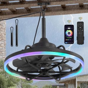 Outdoor RGB Ceiling Fans with Light for Patios, 24" Waterproof Plug in Ceiling Fan, Gazebo Fan Remote&APP Control, 3CCT Dimmable,Caged Ceiling Fan with Hanging Hook for Porch, Pergola
