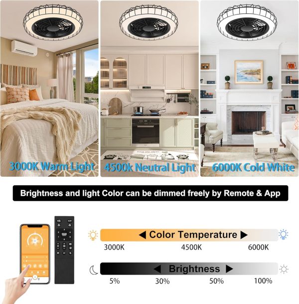 low profile ceiling fan with light: bladeless ceiling fan with light - safety enclosed ceilng fans with cave - Smart ultra low profile ceiling fans with remote & App for outdoor indoor