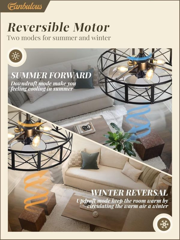 23 Inch Fandelier Caged Ceiling Fans with Lights and Remote, Black Bladeless Ceiling Fan with 6 Speeds and Timing, Farmhouse Samll Fan Lights Ceiling Fixtures for Kitchen, Bedroom-Black