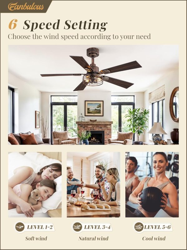 1 Pack Farmhouse 42 Inch Ceiling Fans with Lights, Industrial Caged Ceiling Fans for Bedroom Living Room, Double-Sided 5 Blades Rustic Ceiling Fan-Black Gold