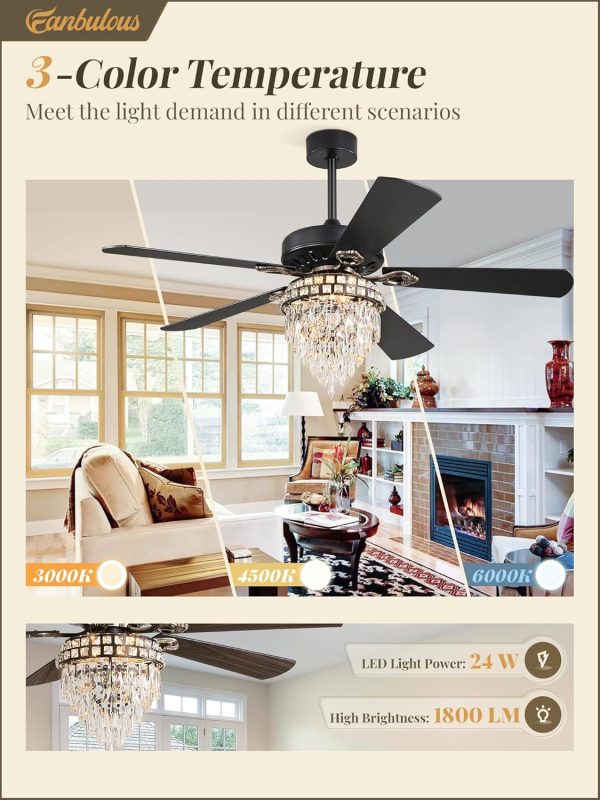 60 Inch Farmhouse Fandelier Ceiling Fans with Light, Crystal Ceiling Fan Chandelier with 6 Speeds, Quiet Reversible Noiseless DC Motor, 3CCT, Indoor Ceiling Fan for Living Room Bedroom